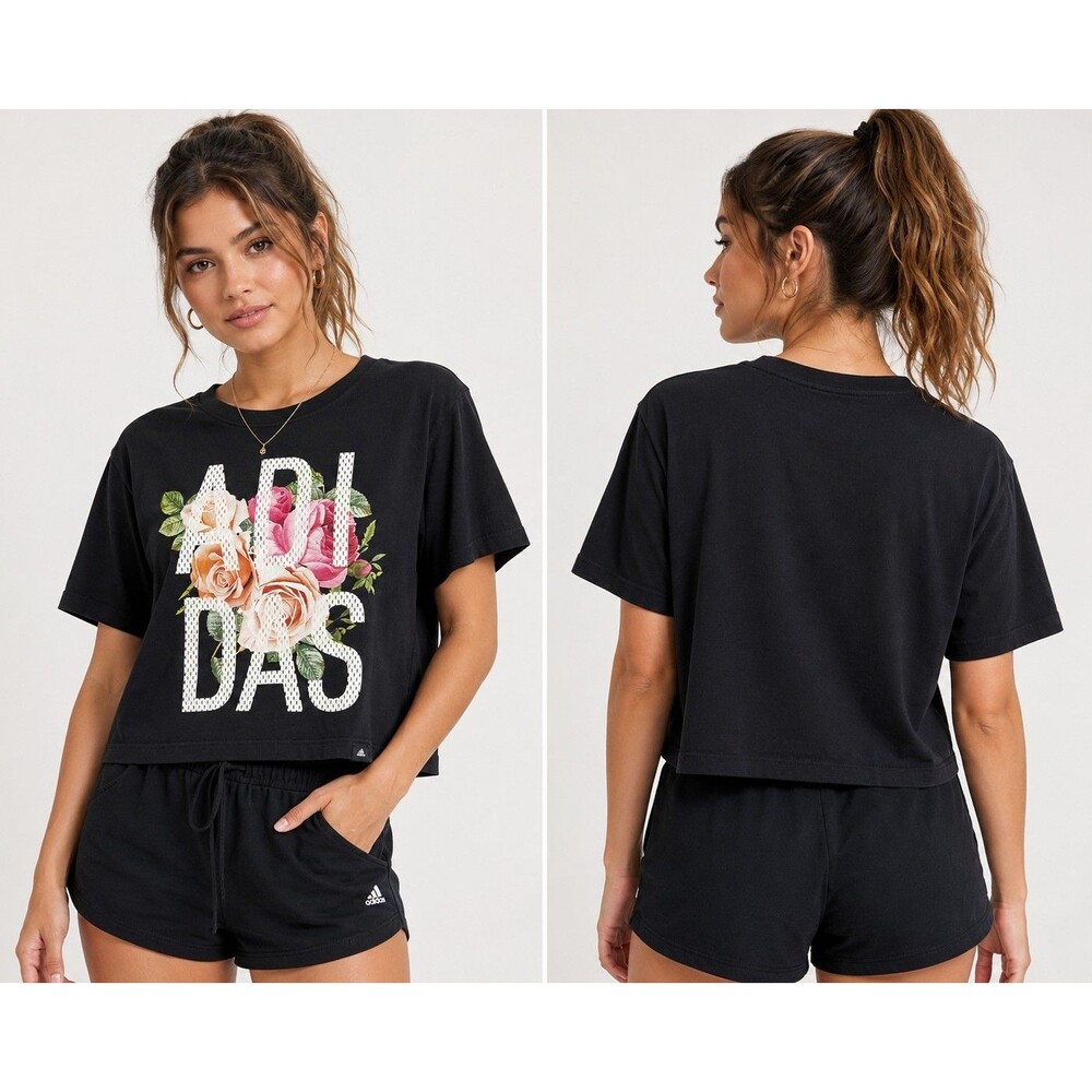 Adidas Womens Est Large Floral Graphic Tee Black Boxy Cropped Rose Athleisure...